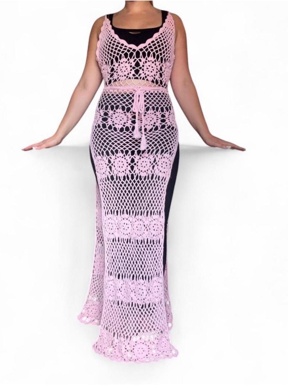 SOLD OUT💕 Sugar Thrillz Backless Pale Pink Crochet Maxi Dress Coverup Size M